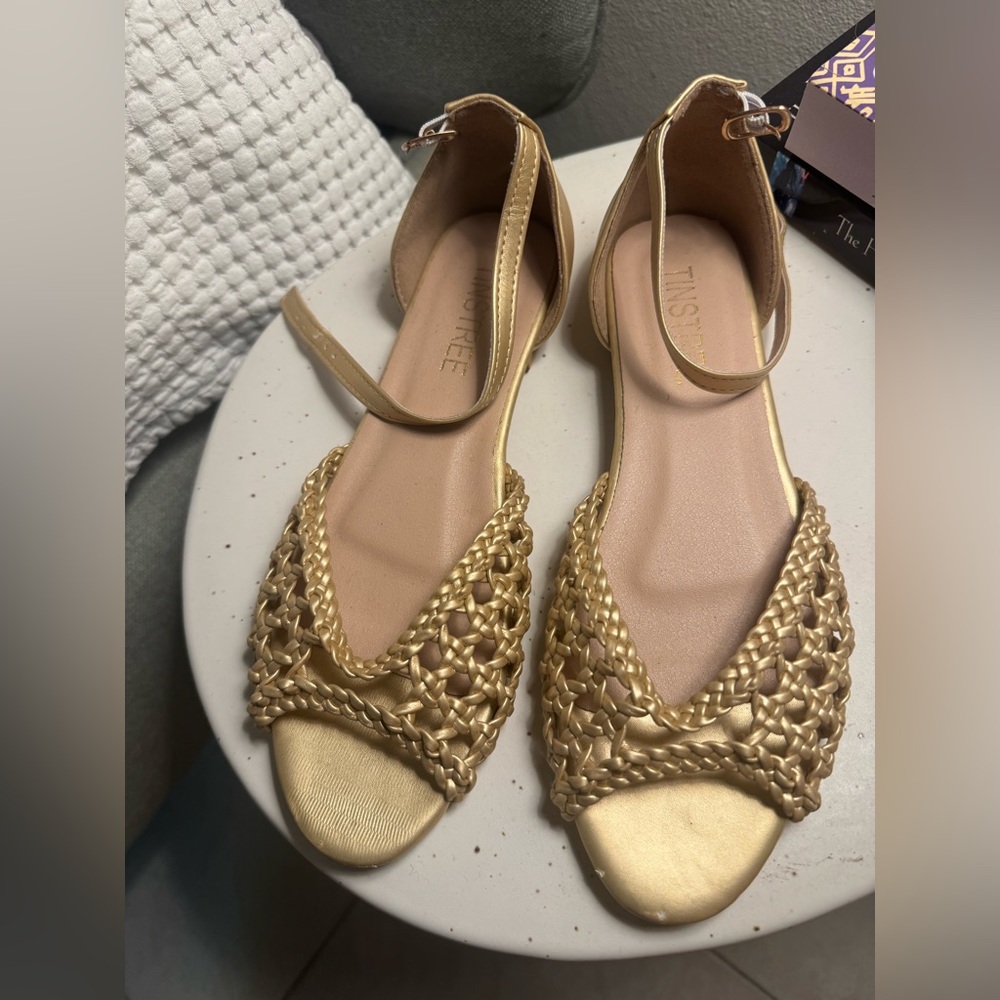 Gold Woven Sandals with Ankle Strap